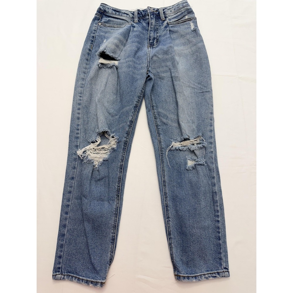 Tinseltown Mom Jeans Juniors S Blue Med Wash High Rise Distressed 27x27 Denim